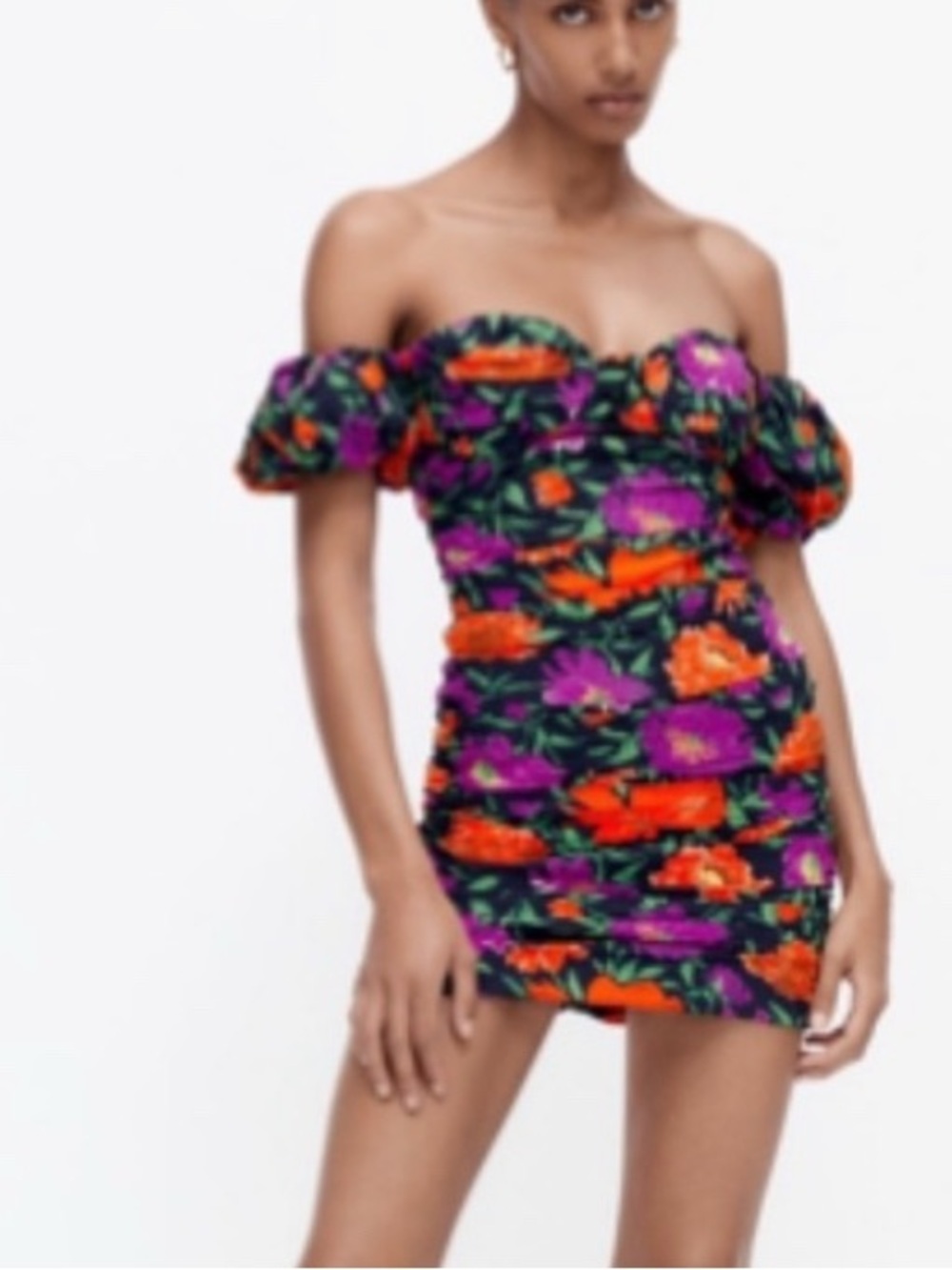 Zara Off-Shoulder Floral Mini Dress in Black with Purple & Orange Flowers